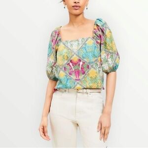 Loft Puff Sleeve Square Neck Tropical Print Blouse Size Medium